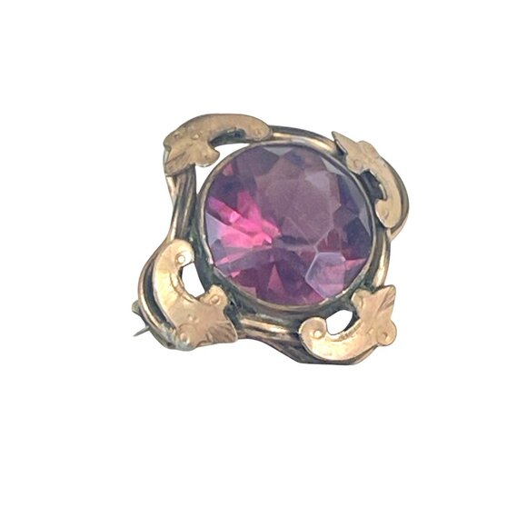 Antique Victorian Gold-Tone Brooch With Amethyst Colored Glass Stone Ornate Desi - Picture 1 of 8